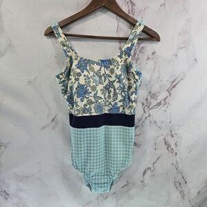 Lands End Swimsuit Women Medium 8 Blue Gingham Floral Bathing Suit One Piece Pad